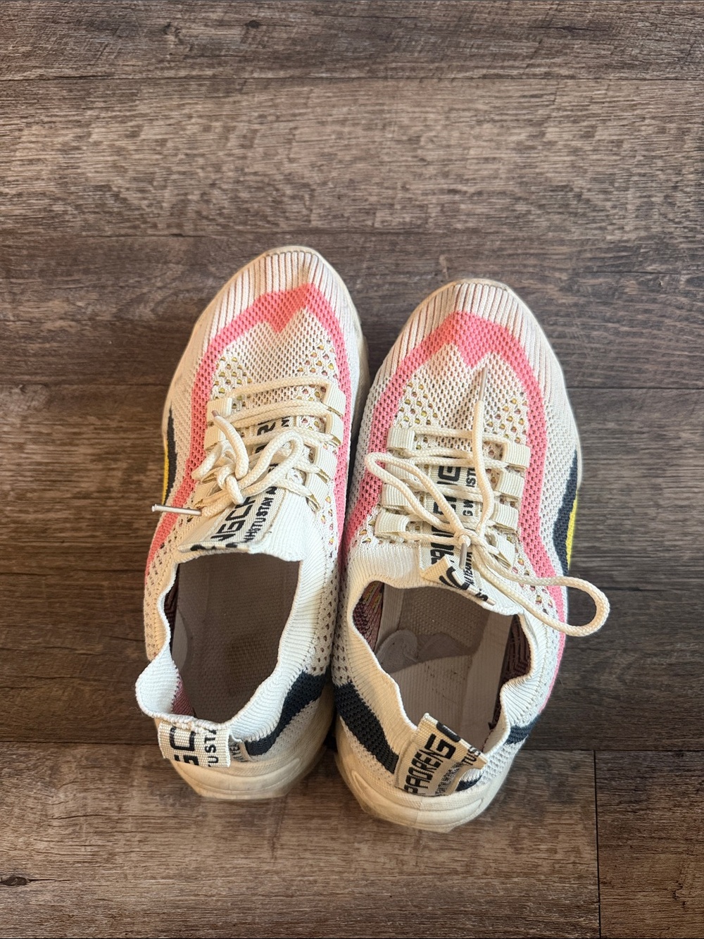 Fila Kids Knit Sneakers in Cream and Pink with Black and Yellow Accents